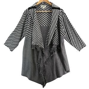 Norm Thompson Open Cardigan Black White Fringe Shaw Sweater Women Large